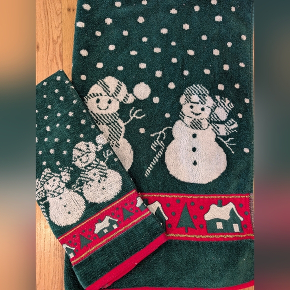 Vintage Bath Towel Set Cecil Saydah Snowmen Christmas Holiday Cotton Soft - Picture 2 of 14